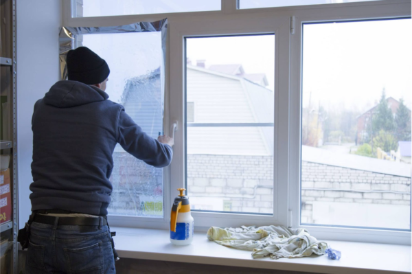 Professional installer applying 3M security window film on a commercial window
