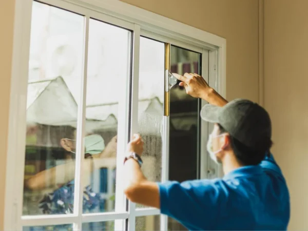 Technician applying residential window tint for heat and glare reduction