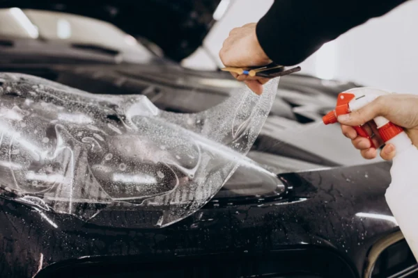 Technician applying clear paint protection film (PPF) to a black car hood for scratch and UV protection
