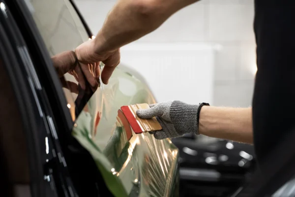 Technician applying paint protection film to car door in Brisbane workshop.
